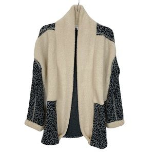 THML Gray Black Leopard Print Sherpa Open Front Cardigan Jacket Size Medium